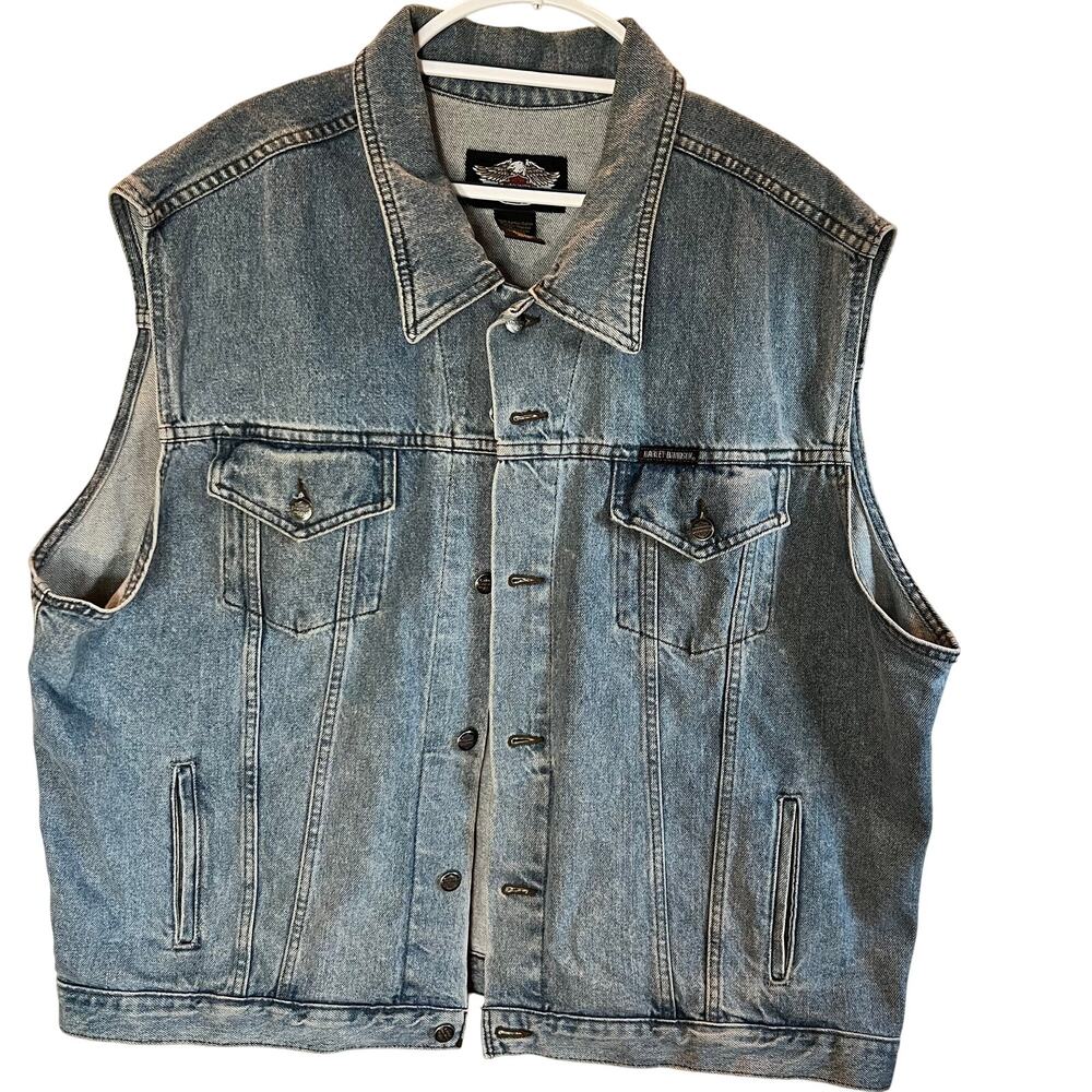 Vintage Harley-Davidson Vest 2XL Trucker Snap Front Denim Biker Motorcycle Patch